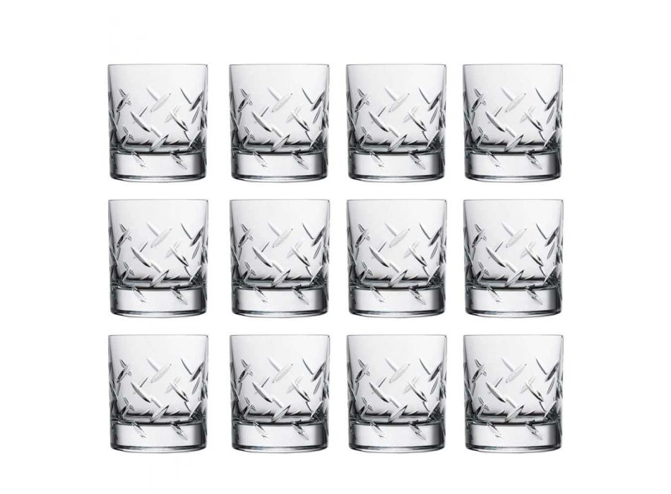 12 verres à whisky ou à eau en cristal écologique avec des décorations modernes - Arythmie Viadurini