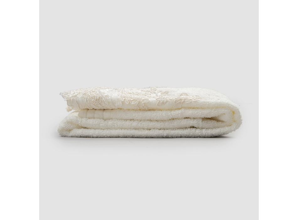 2 serviettes pour le visage en coton éponge avec bordure en dentelle et mélange de lin - Ginova Viadurini