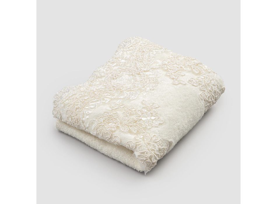 2 serviettes d'invité en coton éponge et mélange de lin bordure avec dentelle - Ginova Viadurini