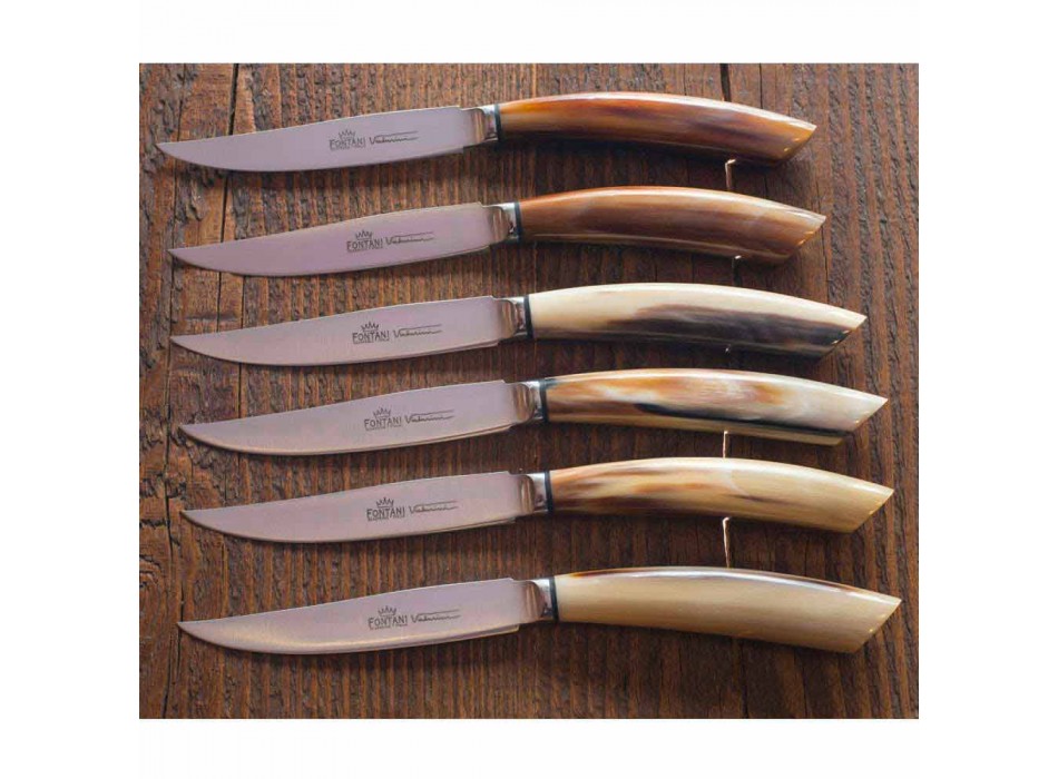 2 couteaux à steak avec manche en corne de boeuf ou bois fabriqués en Italie - Marino Viadurini
