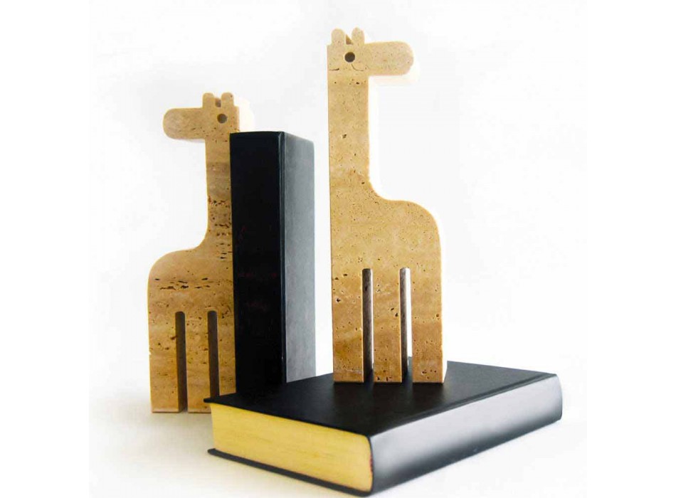 2 Serre-livres en marbre travertin en forme de girafe Made in Italy - Morra Viadurini