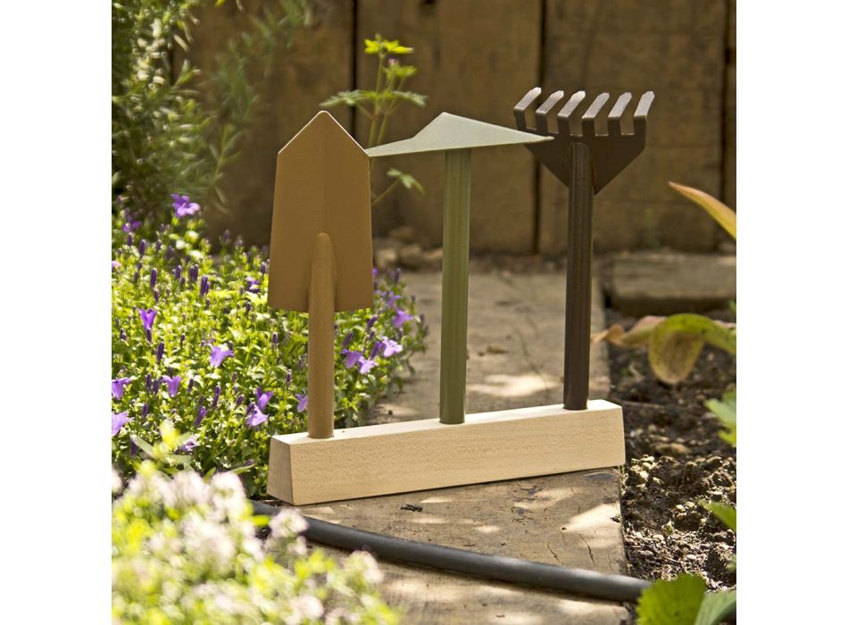 3 outils de jardinage en métal avec base en bois Made in Italy - Jardin Viadurini