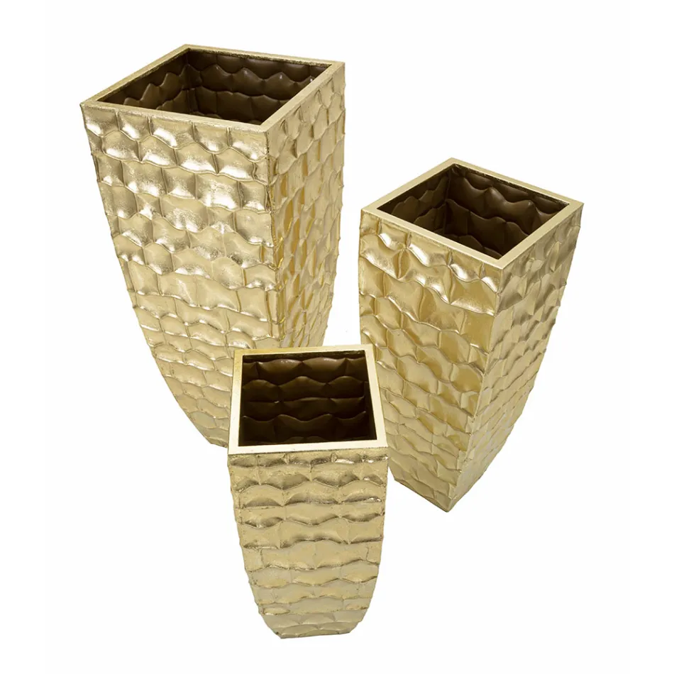 3 Vases Carrés en Fer Doré à Décors Irréguliers en Relief - Walter Viadurini