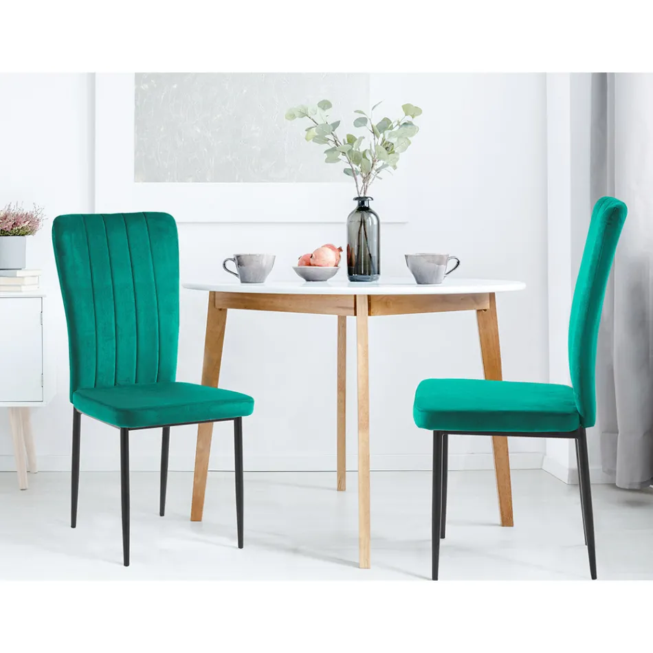 4 Chaises en Tissu Microfibre Effet Velours Vert et Métal Noir - Campania Viadurini