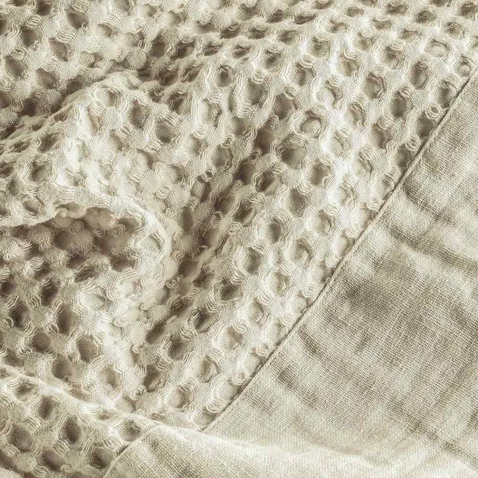 Peignoir à capuche en coton nid d'abeille avec volant en lin - Peluche Viadurini