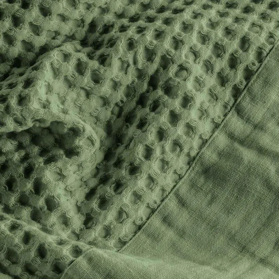 Peignoir à capuche en coton nid d'abeille avec volant en lin - Peluche Viadurini