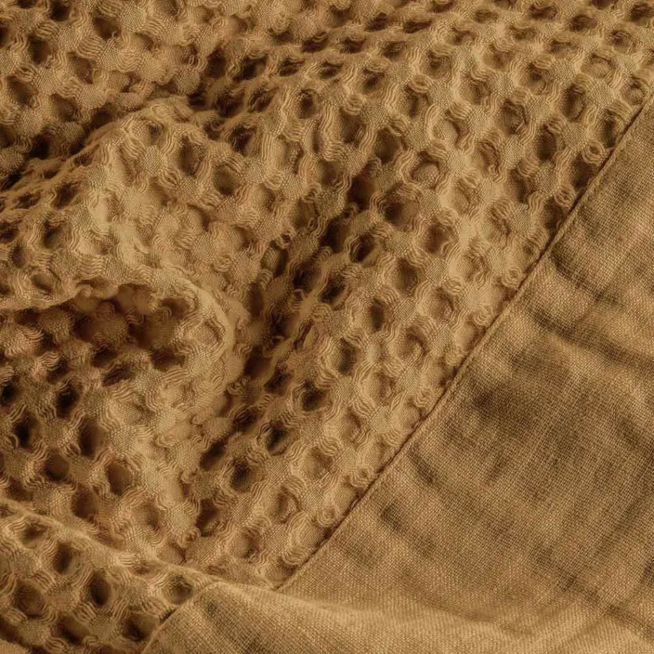 Peignoir à capuche en coton nid d'abeille avec volant en lin - Peluche Viadurini