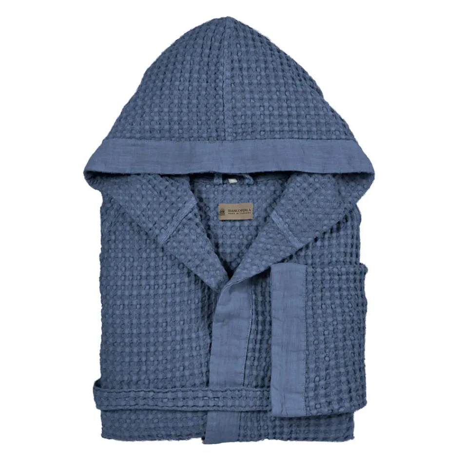 Peignoir à capuche en coton nid d'abeille avec volant en lin - Peluche Viadurini