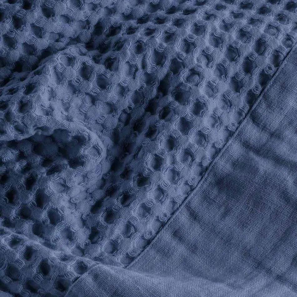 Peignoir à capuche en coton nid d'abeille avec volant en lin - Peluche Viadurini