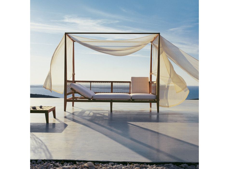 Alcôve extérieure en teck avec rideau et coussins Made in Italy - Oracle Viadurini
