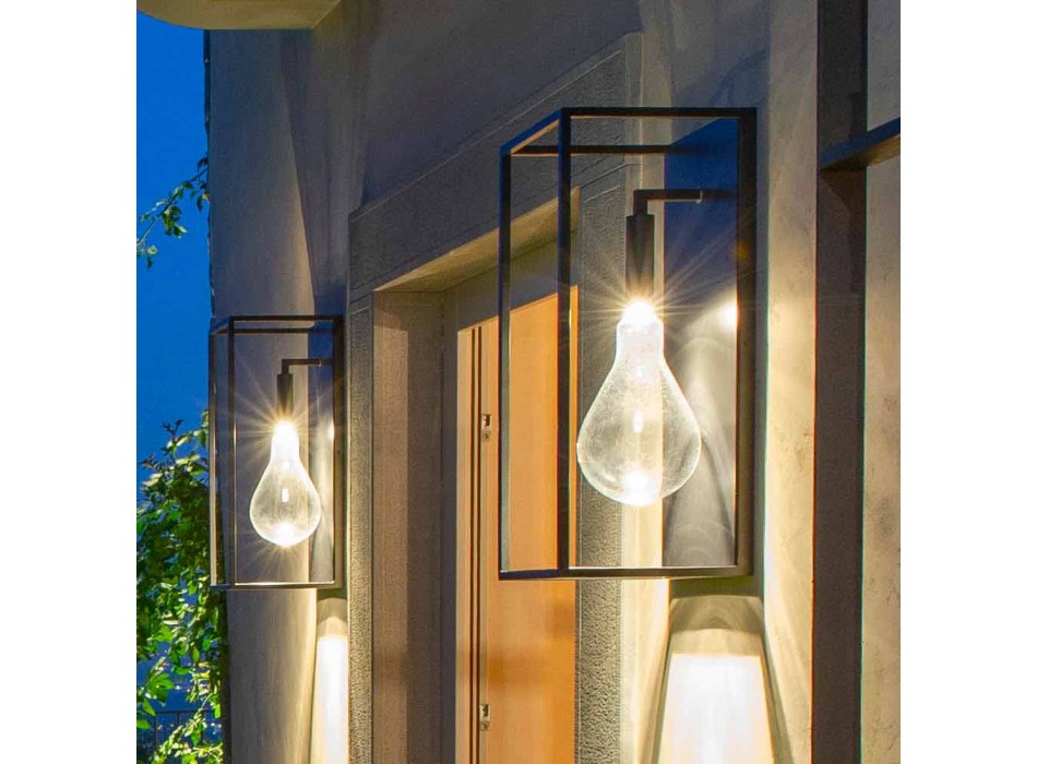 Applique d'extérieur en fer avec lumière LED chaude et verre Made in Italy - Falda Viadurini