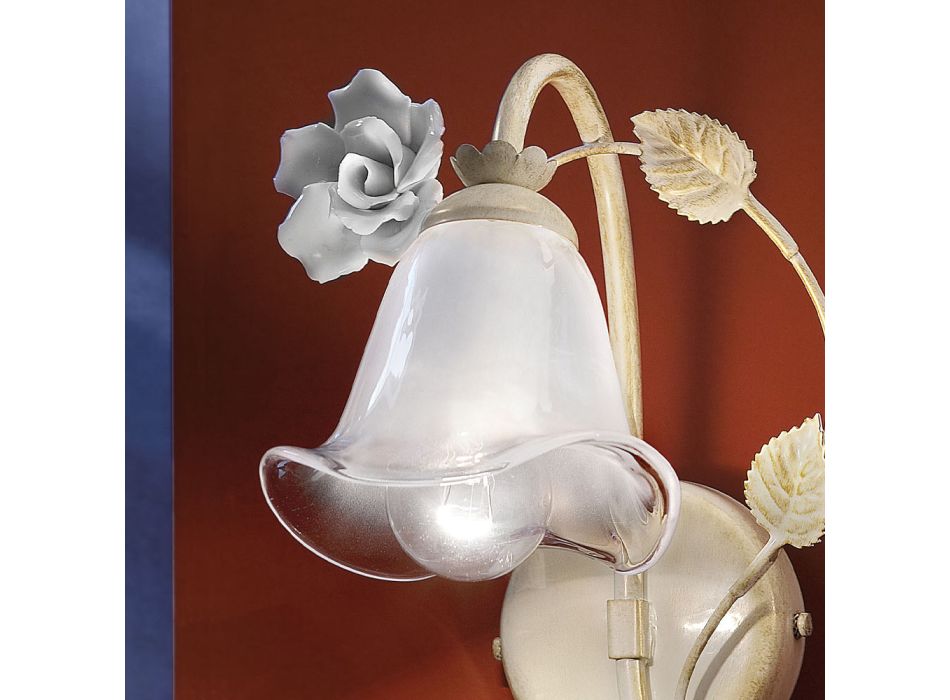 Applique en Fer et Verre Sablé avec Rose de Décoration en Céramique - Sienne Viadurini