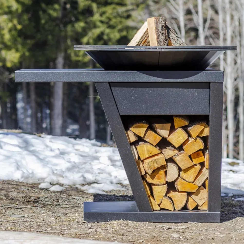 Barbecue à Bois avec Plaque de Cuisson et Rangement Bois – Giorgione Viadurini