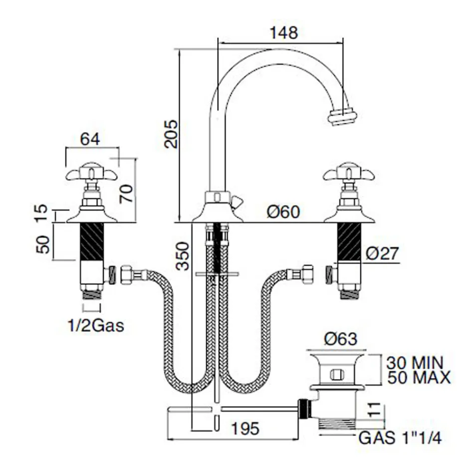 Mitigeur de lavabo 3 trous avec bec haut en laiton et poignées papillon - Miriano Viadurini