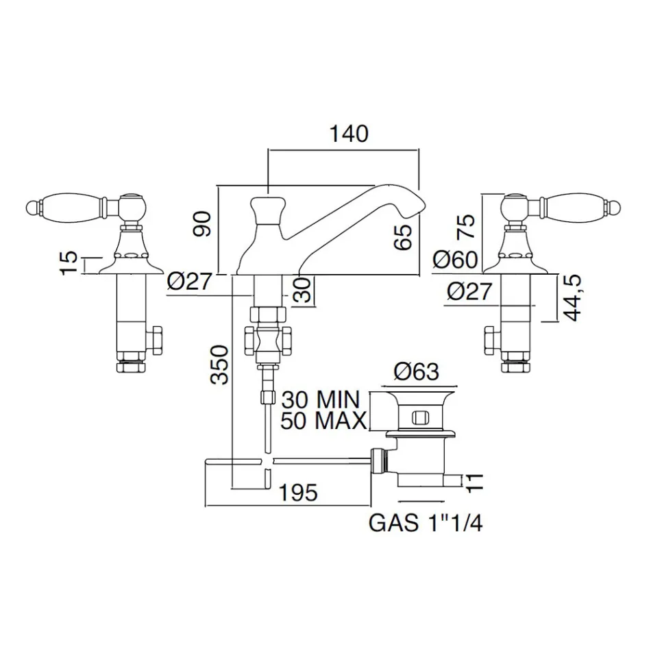 Mitigeur de lavabo 3 trous avec leviers de style classique en laiton artisanal - Noriana Viadurini