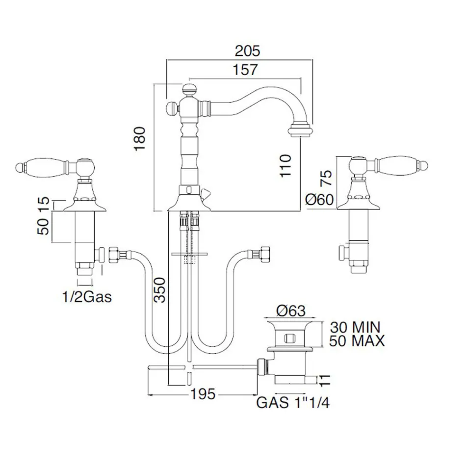 Mitigeur de lavabo 3 trous avec drain en laiton style artisanal classique - Noriana Viadurini