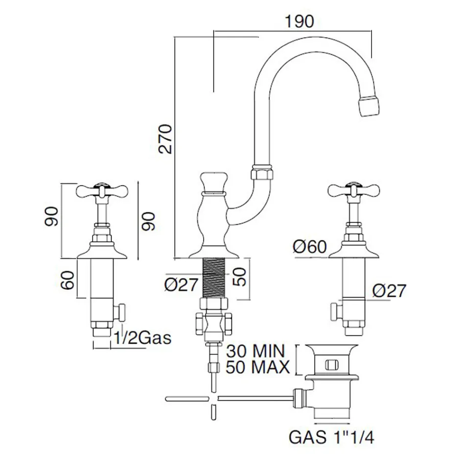 Mitigeur lavabo 3 trous avec bec haut en laiton classique fait main - Fioretta Viadurini