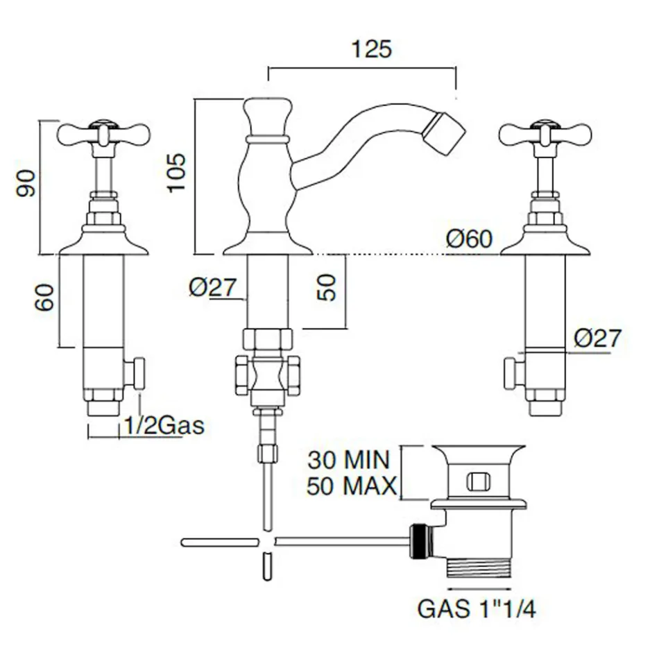 Mitigeur de lavabo 3 trous avec drain classique en laiton fait main - Fioretta Viadurini