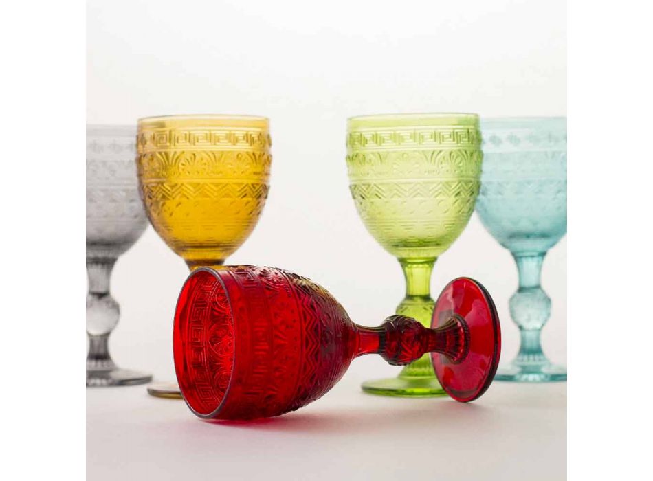 Verres à eau ou à vin en verre coloré et décorations en relief - Folk Viadurini