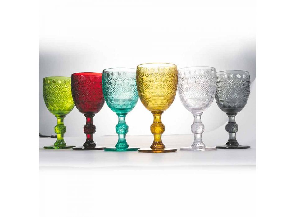 Verres à eau ou à vin en verre coloré et décorations en relief - Folk Viadurini
