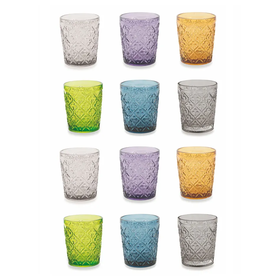 Verres à eau en verre coloré avec décorations arabesques 12 pièces - Maroc Viadurini