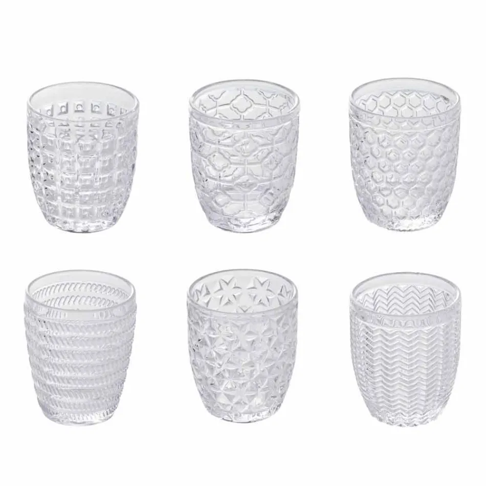 Verres à eau en verre transparent décorés, service moderne 12 pièces - mélange Viadurini
