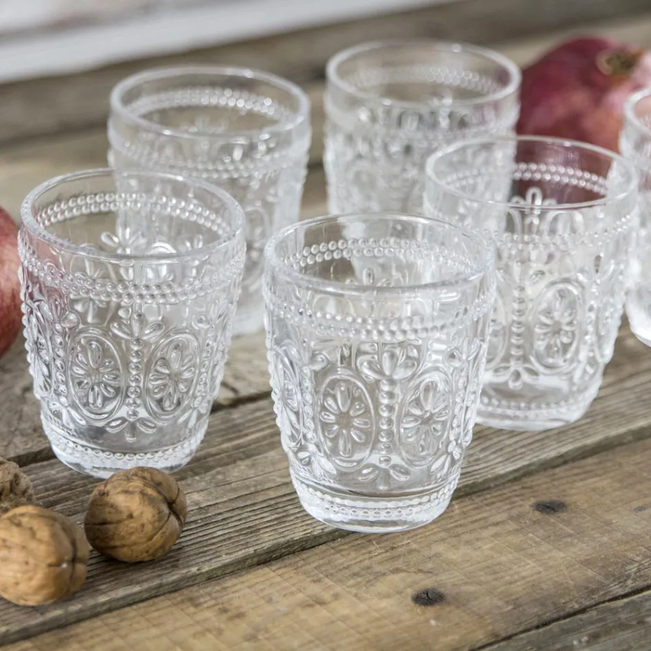 Verres à eau en verre transparent décoré 12 pièces - Palazzo Viadurini