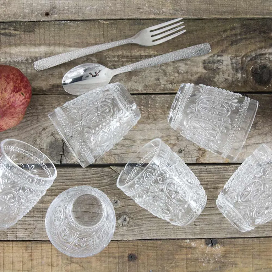 Verres à eau en verre transparent décoré 12 pièces - Palazzo Viadurini