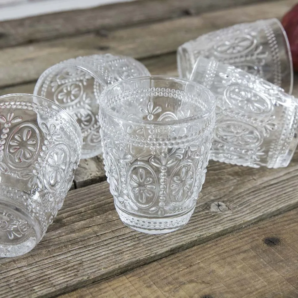 Verres à eau en verre transparent décoré 12 pièces - Palazzo Viadurini