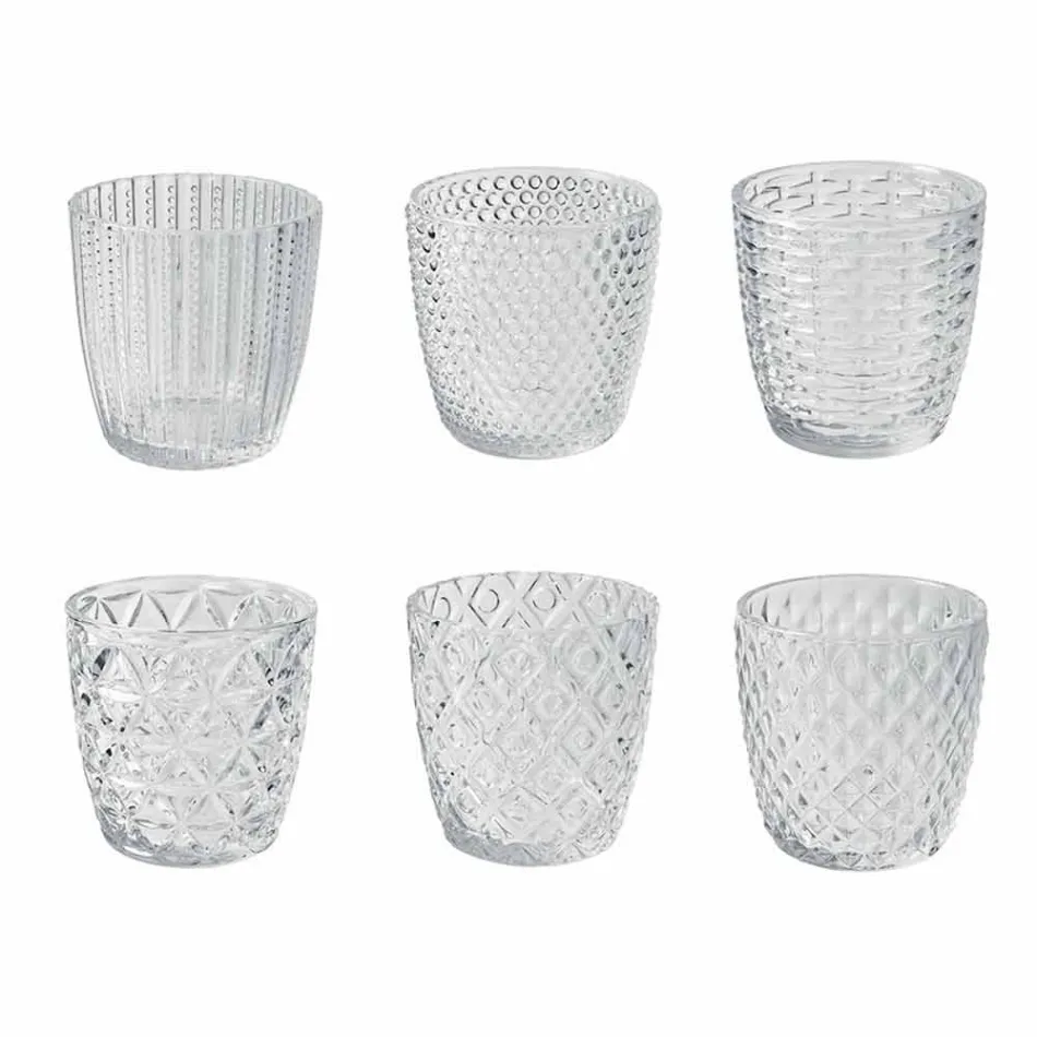 Verres en verre transparent décorés, service d'eau moderne 12 pièces - mélange Viadurini