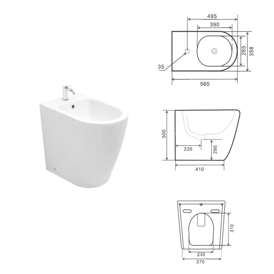 Bidet monotrou sur pied avec technologie sans rebord en céramique blanche - Oleandro  Viadurini