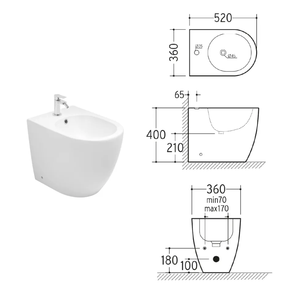 Bidet monotrou sur pied Aster en céramique blanche résistante au design moderne Viadurini
