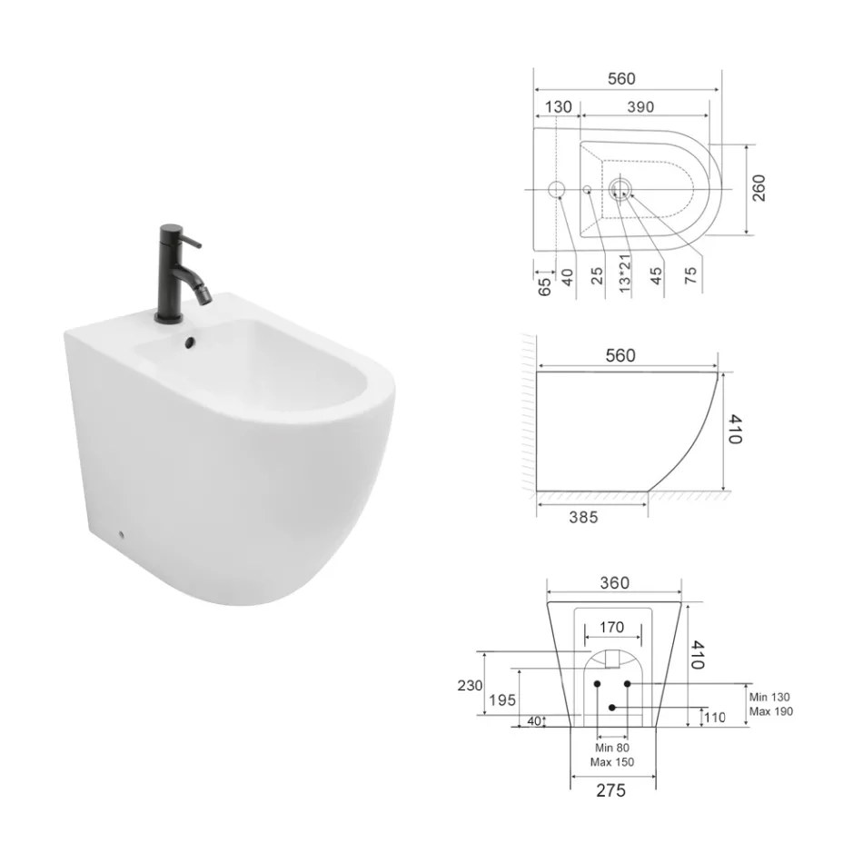 Bidet monotrou sur pied en céramique blanche résistante au design moderne - Olmo Viadurini