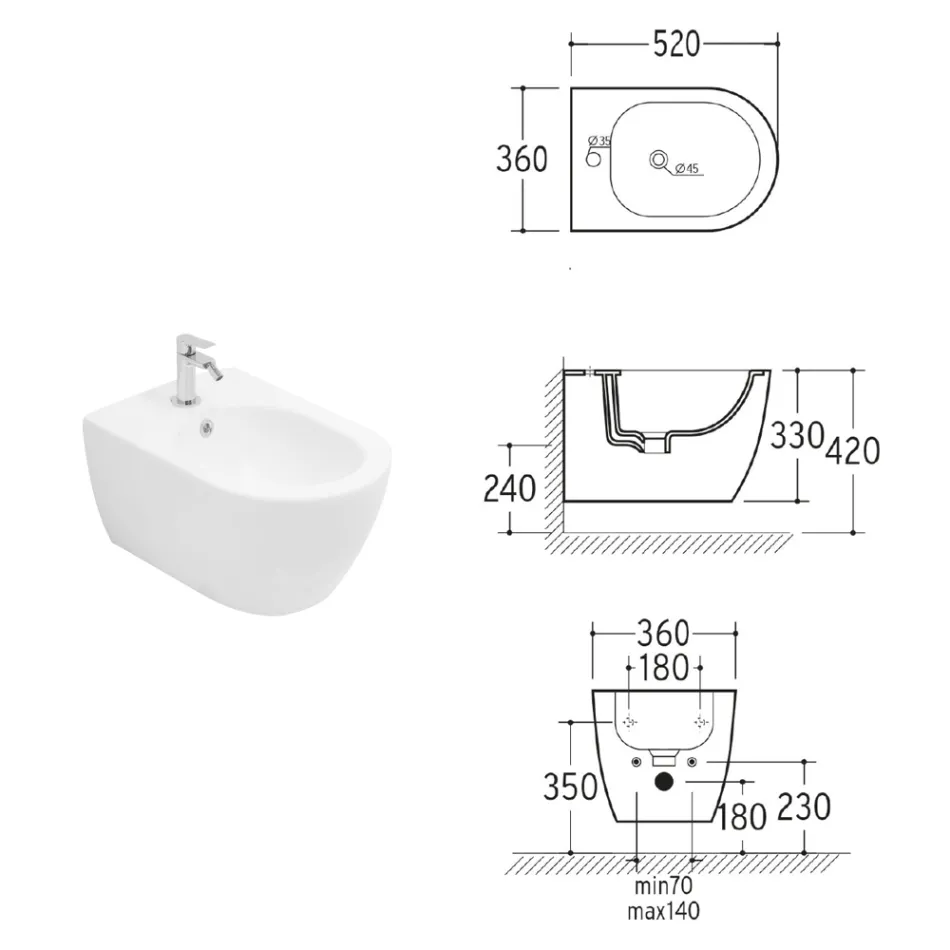 Aster - Bidet mural en céramique blanche résistante au design moderne Viadurini