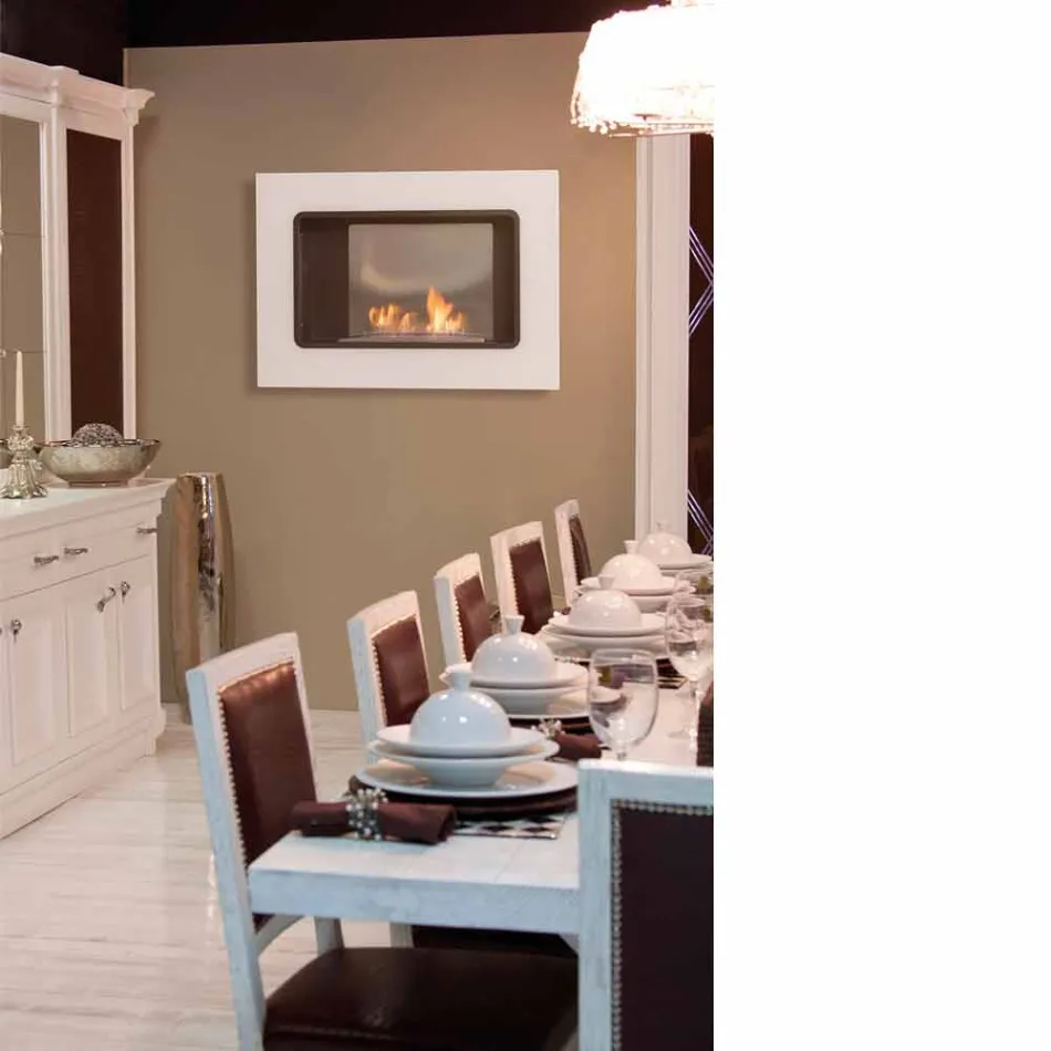 Cheminée Bio Murale Blanche au Design Moderne avec Insert en Verre Erica Viadurini