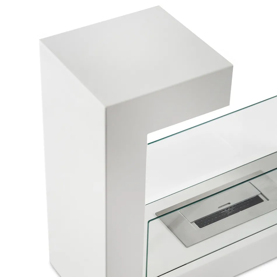 Cheminée Bio au Sol en Métal Peint Blanc et Verre Trempé - Pelide Viadurini