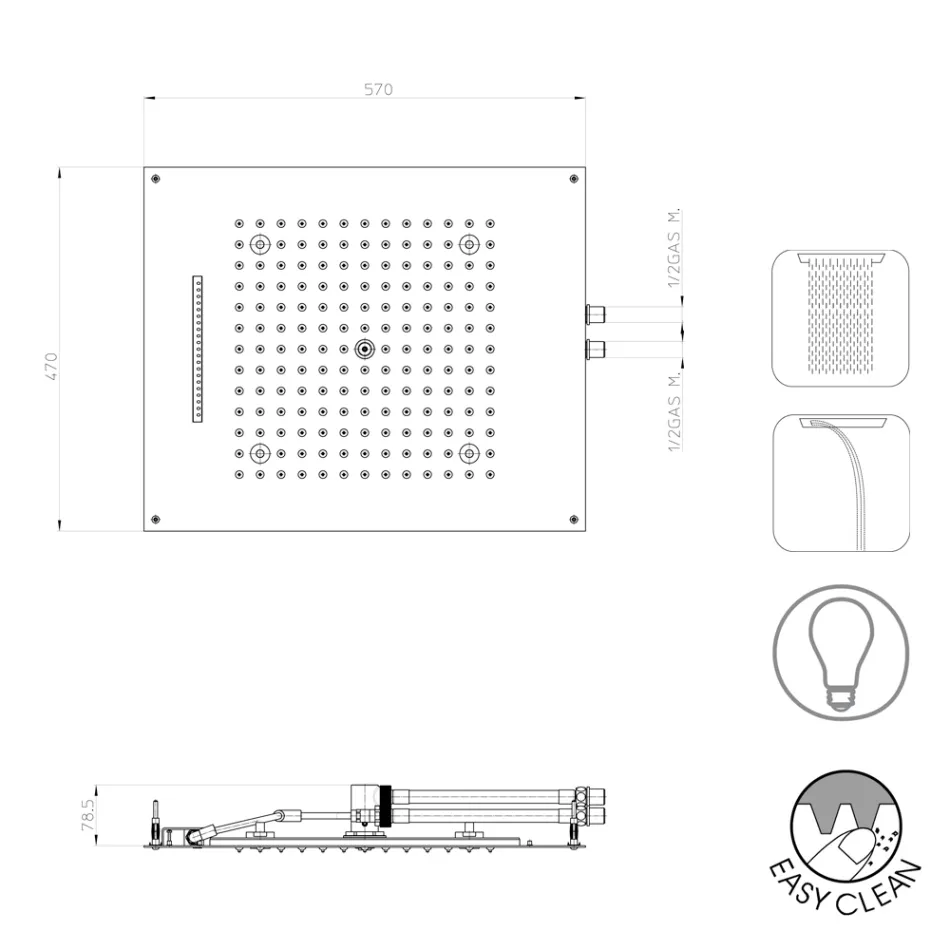 Bossini Pomme de douche de plafond chromée à deux jets avec chromothérapie Dream Viadurini