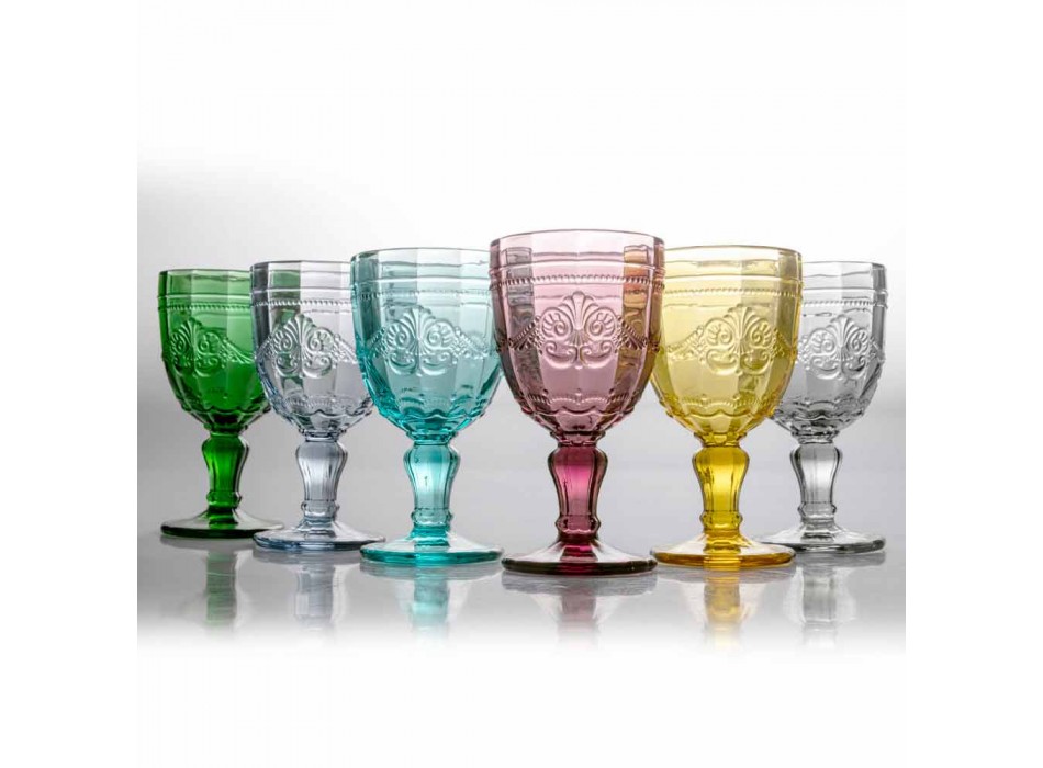 Gobelets à vin colorés en verre avec décoration Arabescato, service 12 pièces - Vis Viadurini