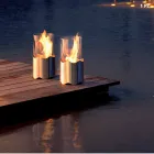 Cheminée au bioéthanol avec table en acier inoxydable et de verre Leon, fabriqué en Italie Viadurini