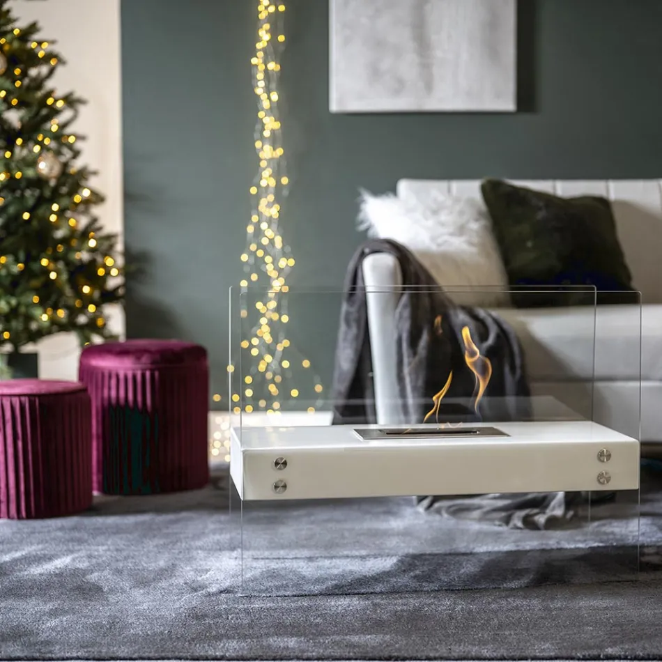 Cheminée de Sol au Bioéthanol en Métal Blanc et Verre Trempé - Timon Viadurini