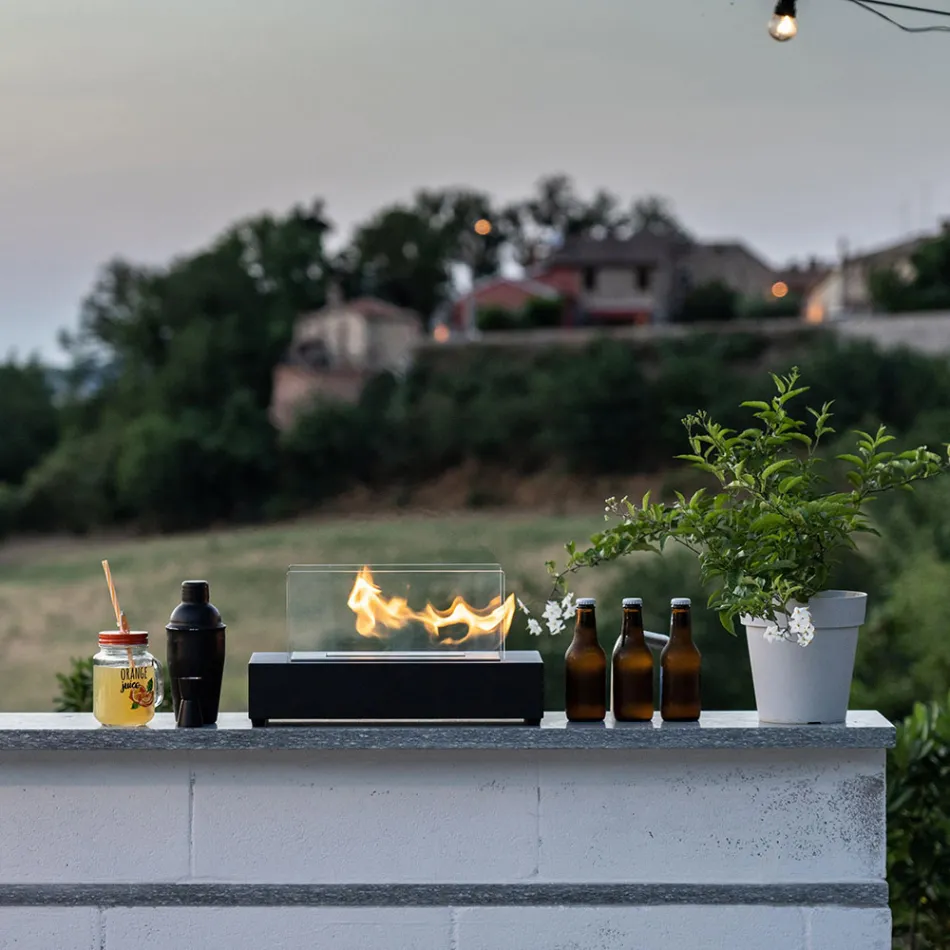 Cheminée Bioéthanol de Table en Verre Trempé et Métal Noir - Fiandre Viadurini