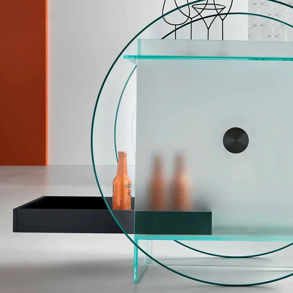 Chariot Bar en Verre Extra Clair avec Roulettes et Plateau Extractible - Pigolo Viadurini