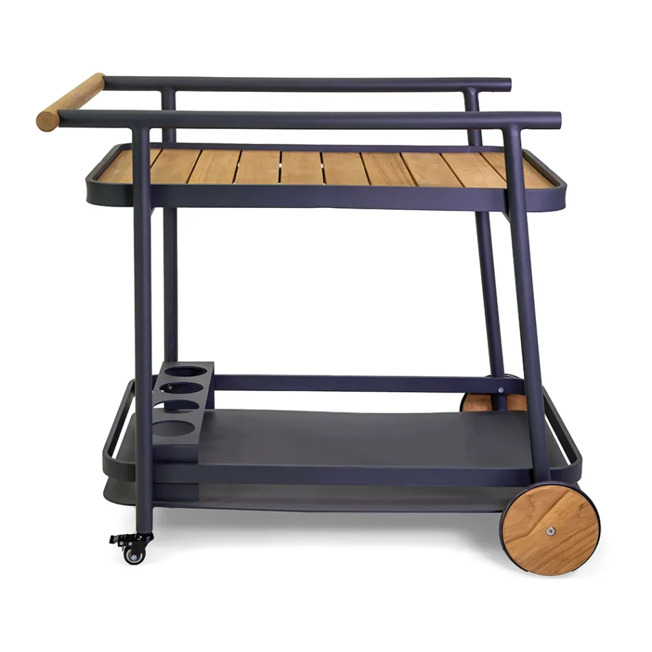 Chariot en aluminium dans différentes finitions avec roues et détails en teck - Tente Viadurini