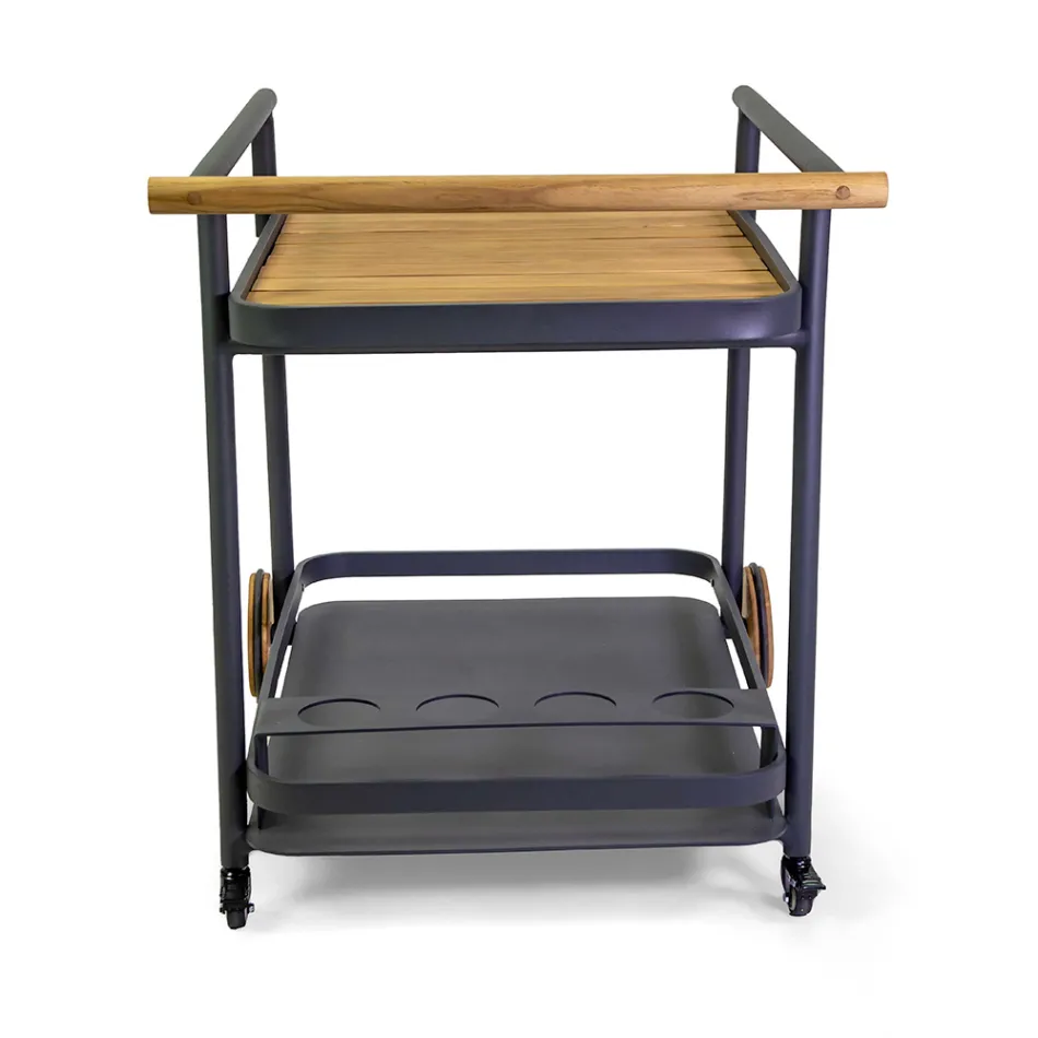 Chariot en aluminium dans différentes finitions avec roues et détails en teck - Tente Viadurini