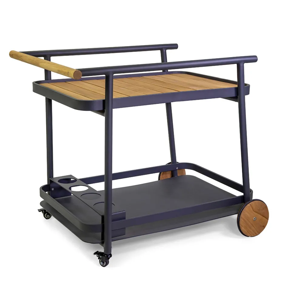 Chariot en aluminium dans différentes finitions avec roues et détails en teck - Tente Viadurini