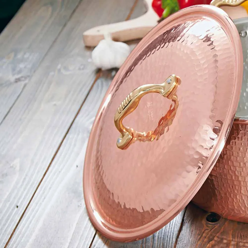 Cocotte basse en cuivre étamé à la main ronde avec 2 anses 20 cm - Gianfranco Viadurini