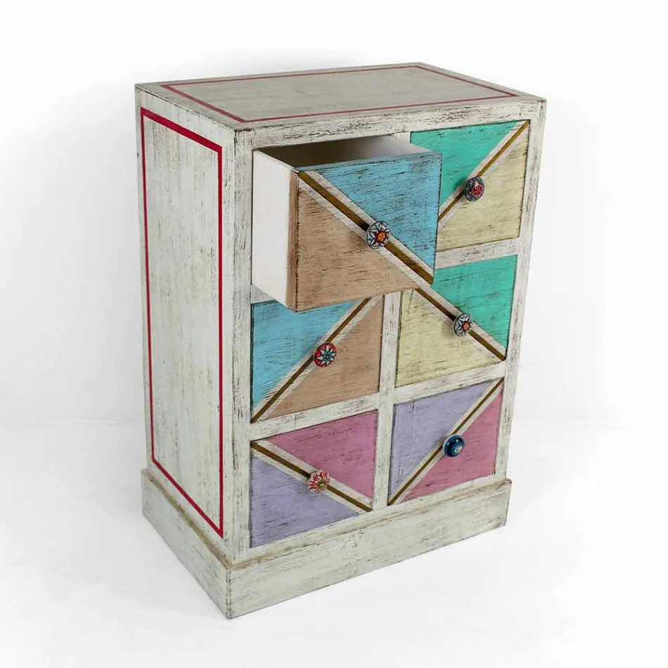 Commode artisanale en bois avec tiroirs colorés Made in Italy - Brighella Viadurini