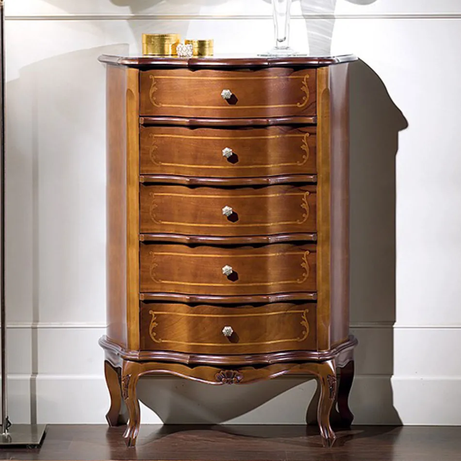 Commode de chambre à coucher avec 5 tiroirs en bois classiques fabriqués en Italie - Leonor Viadurini