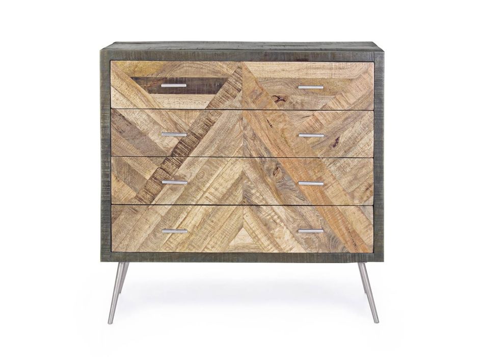 Commode en bois de manguier avec 4 tiroirs de design industriel - Koda Viadurini