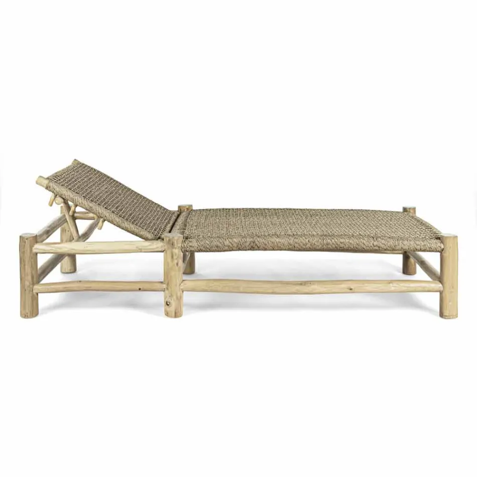 Chaise longue d'extérieur en branches de teck et tissage de fibres synthétiques - Tecno Viadurini